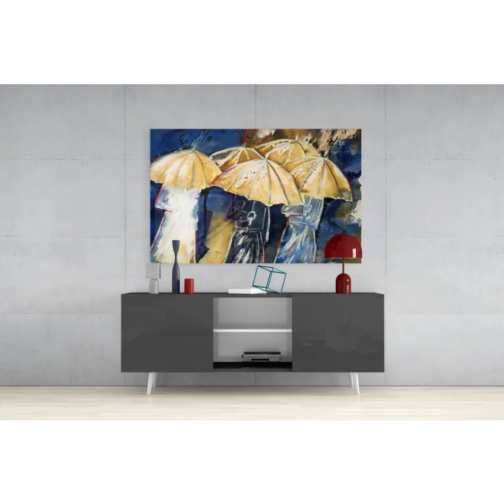 Abstract glass wall art of yellow umbrellas on blue background