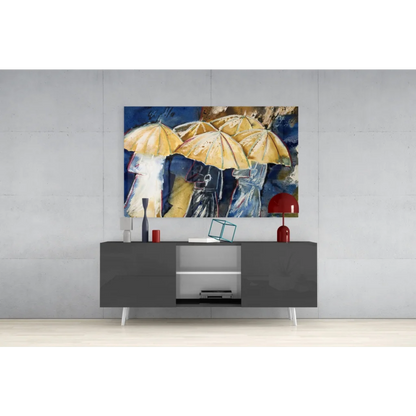 Abstract glass wall art of yellow umbrellas on blue background