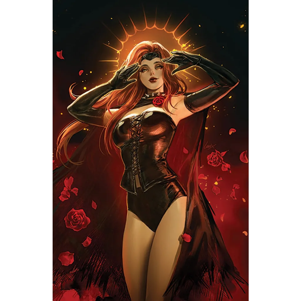 Black leather corset with red roses and cape, Uncanny X-Men 132 facsimile Unknown Comics exclusive Leirix Virgin