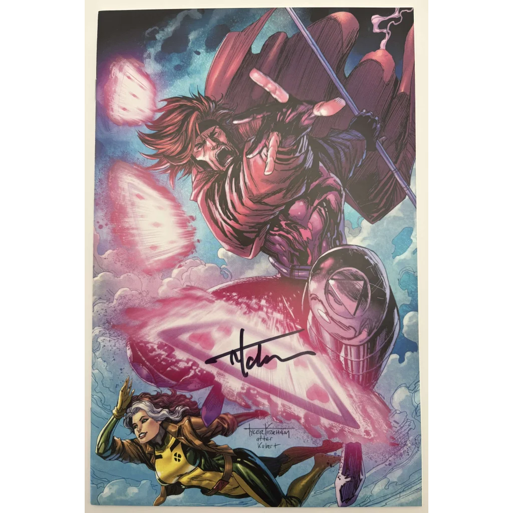 Signed Uncanny X-Men comic cover featuring Gambit and Rogue in Tyler Kirkham facsimile edition