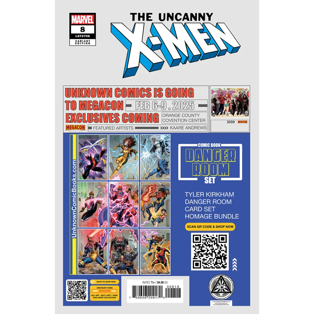 Comic book cover for Uncanny X-Men #8 showing a convention and card set, comics leirix exclusive virgin