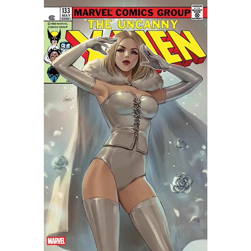 Silver corset bodysuit in Uncanny X-Men Unknown Comics exclusive Leirix variant with thigh-high boots and roses