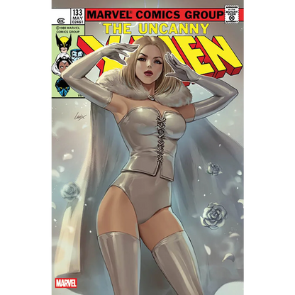Silver corset bodysuit in Uncanny X-Men Unknown Comics exclusive Leirix variant with thigh-high boots and roses