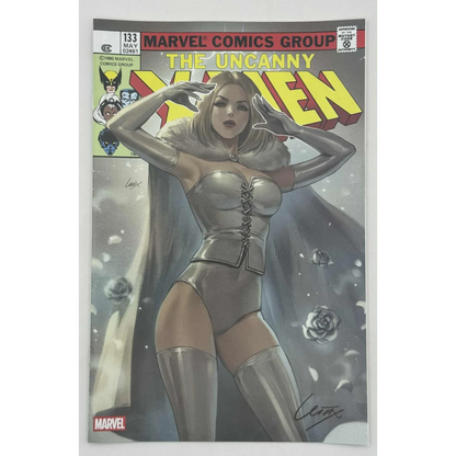 Silver corseted X-Men costume with cape, roses, and Unknown Comics Exclusive Leirix variant facsimile cover