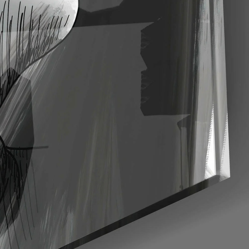 Sleek black-and-white abstract glass wall art with bold yellow accent