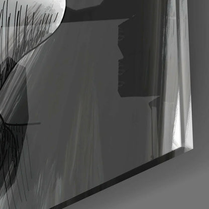 Sleek black-and-white abstract glass wall art with bold yellow accent