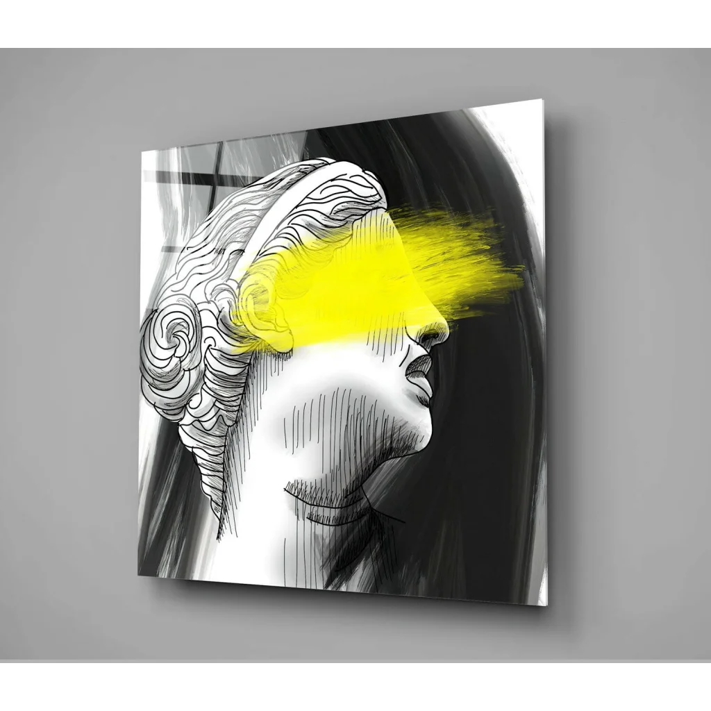 Black-and-white Greek statue glass wall art with bold yellow eye streak