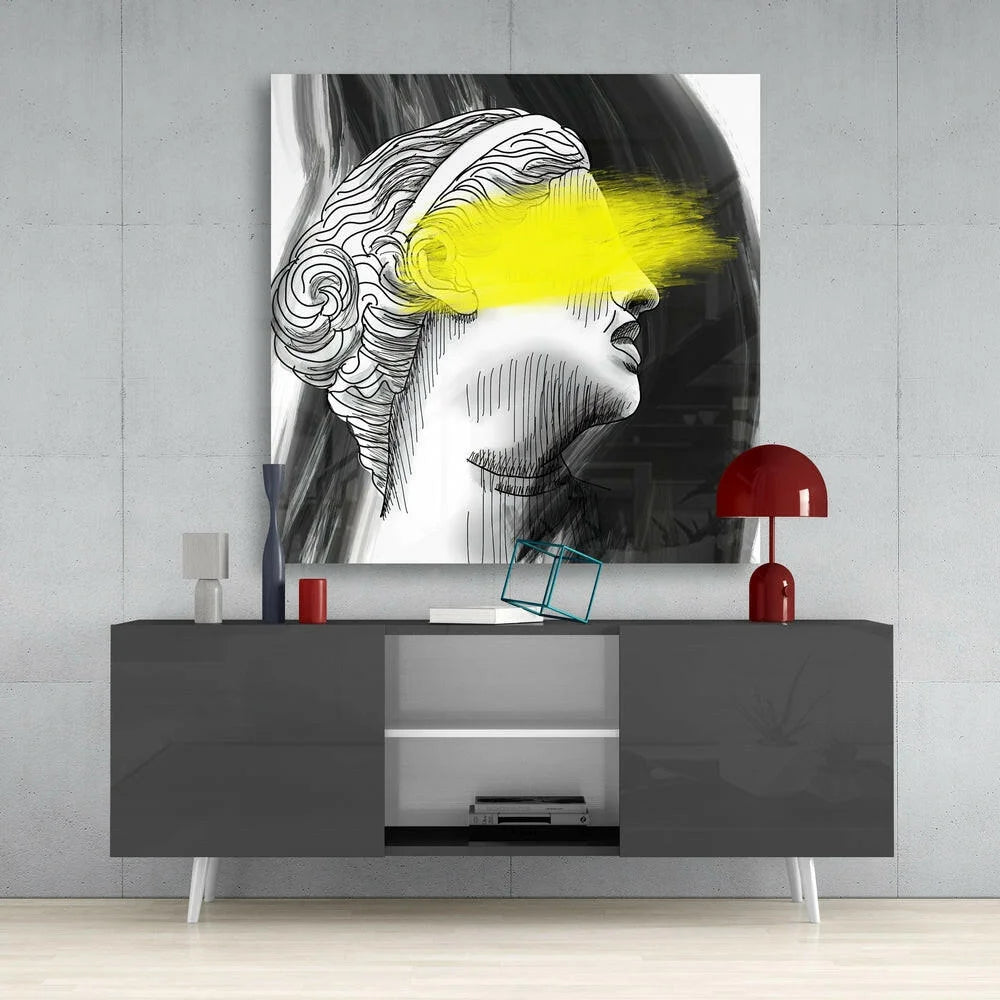 Stunning Greek statue glass wall art with bold yellow eye streak