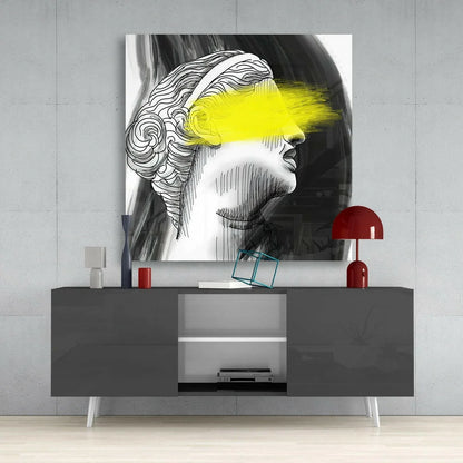 Stunning Greek statue glass wall art with bold yellow eye streak