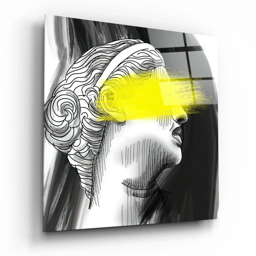 Modern black-and-white Greek statue glass wall art with yellow eye accent
