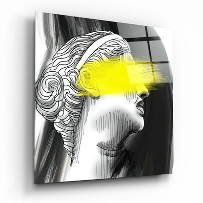 Modern black-and-white Greek statue glass wall art with yellow eye accent