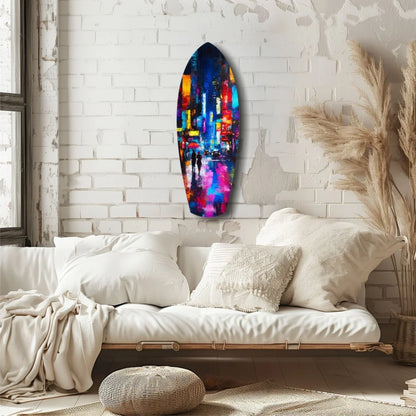 Vibrant cityscape surfboard tempered glass art in blues, purples, oranges