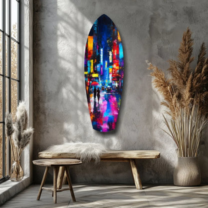 Vibrant cityscape surfboard tempered glass art with neon lights