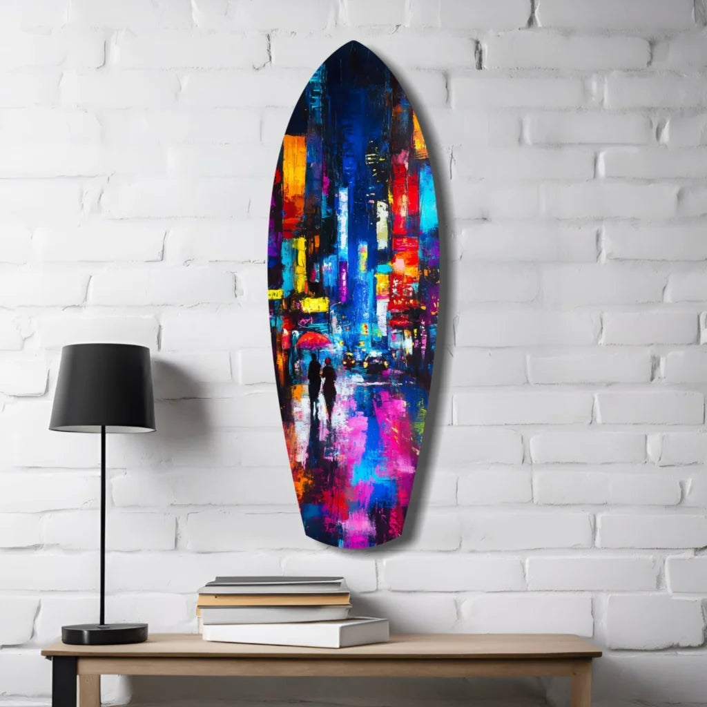 Vibrant cityscape surfboard tempered glass art in neon blues, pinks, yellows