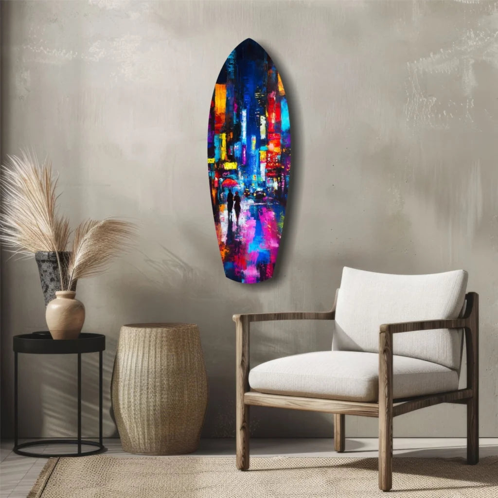 Vibrant cityscape surfboard tempered glass art in bold blues, pinks, yellows