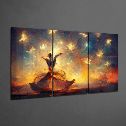 Fiery Dancer Glass Wall Art with Golden Butterflies Triptych | Glass Wall Art Print | vintageantiquesgifts.com