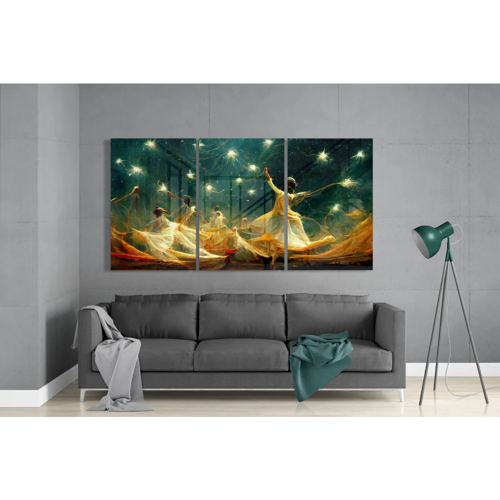 Celestial Dancers Glass Wall Art Triptych with Golden Glow | Modern Wall Art Decor | vintageantiquesgifts.com