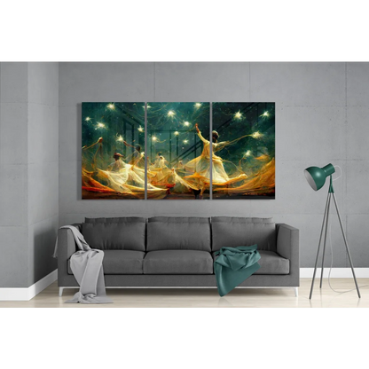 Celestial Dancers Glass Wall Art Triptych with Golden Glow | Modern Wall Art Decor | vintageantiquesgifts.com