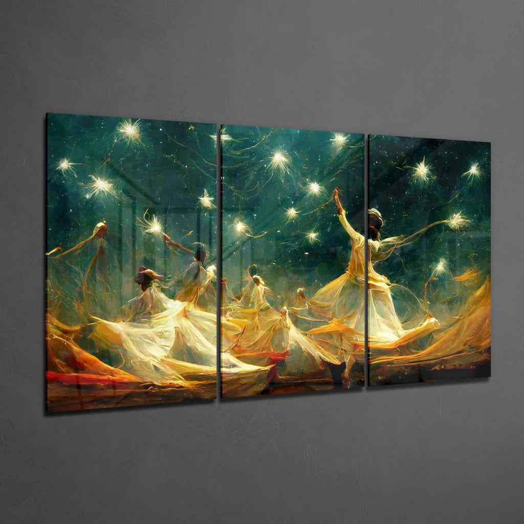Celestial Dancers Glass Wall Art Triptych with Golden Glow | Glass Wall Art Print | vintageantiquesgifts.com