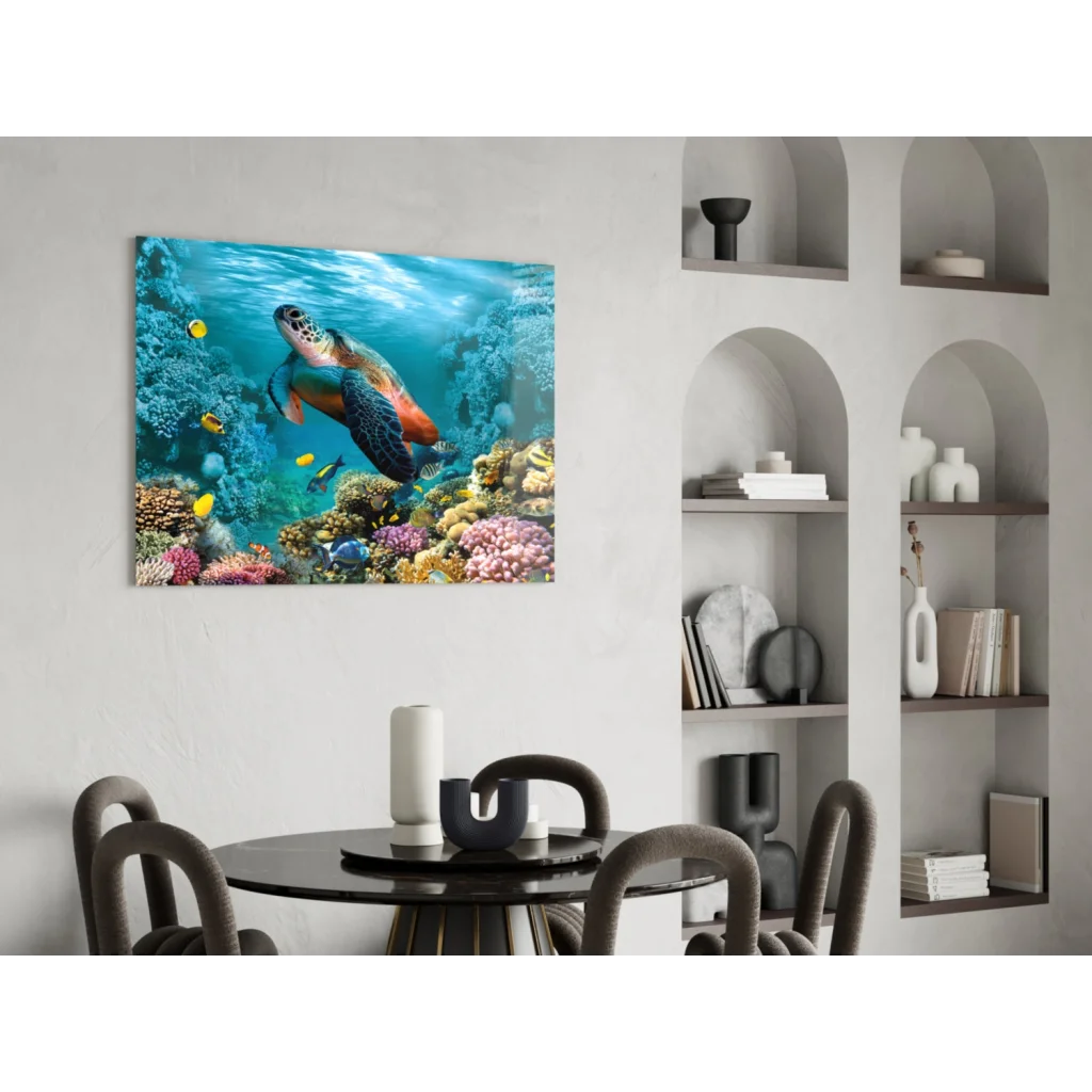 Vibrant green sea turtle in colorful coral reef glass wall art canvas print