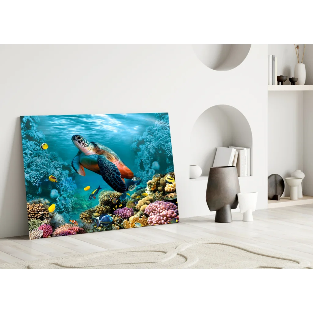Tropical Sea Turtle Reef Glass Wall Art Canvas Print | Modern Wall Art Decor | vintageantiquesgifts.com