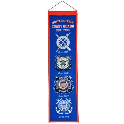 Blue and red Coast Guard heritage banner with historic insignias