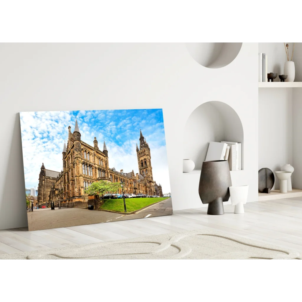 Glasgow University Glass Wall Art Print with Historic Spires | Modern Wall Art Decor | vintageantiquesgifts.com