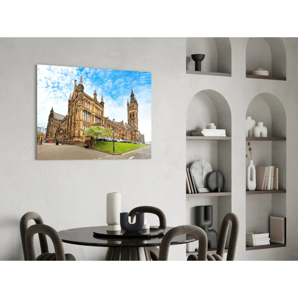Glasgow University glass wall art print with ornate spires