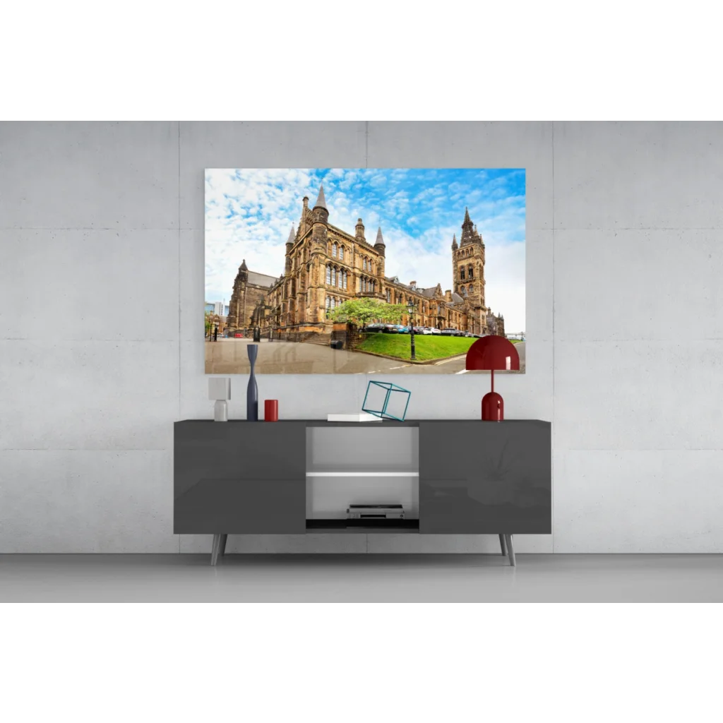 Vibrant red dome lamp in Glasgow University glass wall art print