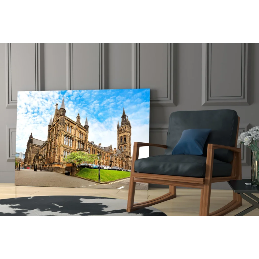 Glasgow University glass wall art print with gothic spires