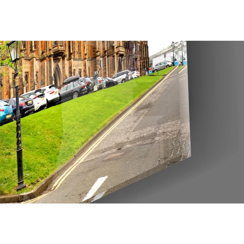 Glasgow University glass wall art print of historic spires and street scene