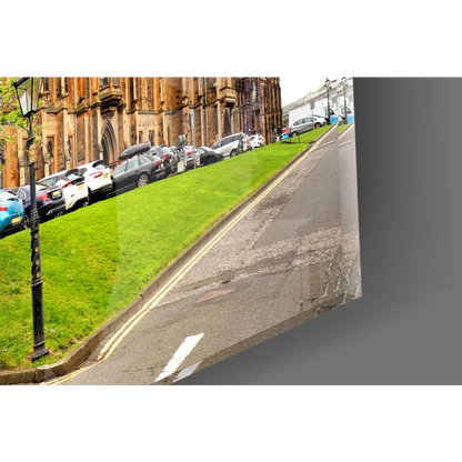 Glasgow University glass wall art print of historic spires and street scene