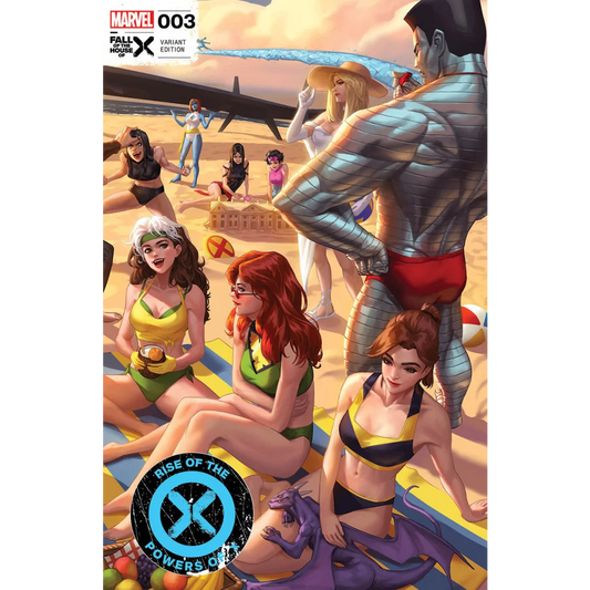 Comic book cover art with X-Men characters at the beach from Unknown Comics Ejikure Exclusive