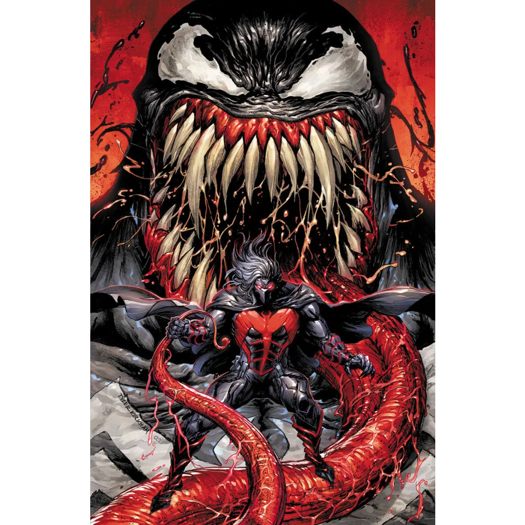Comic book cover with black symbiote and red-armored hero for Unknown Comics Tyler Kirkham exclusive