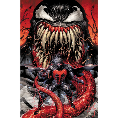 Comic book cover with black symbiote and red-armored hero for Unknown Comics Tyler Kirkham exclusive