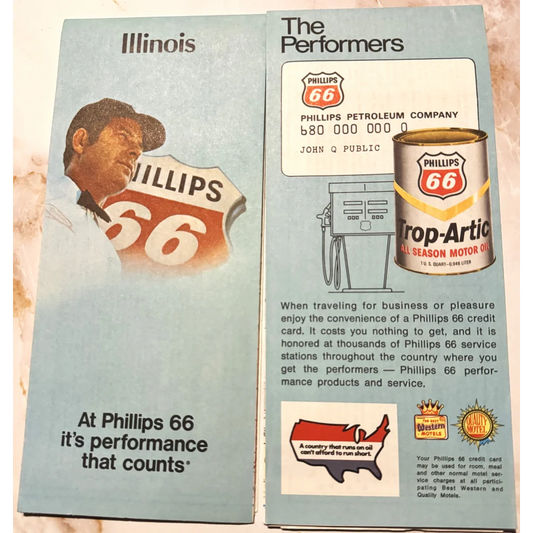 Vintage Phillips 66 gasoline ad brochure from the 1970s, capturing Route 66 nostalgia