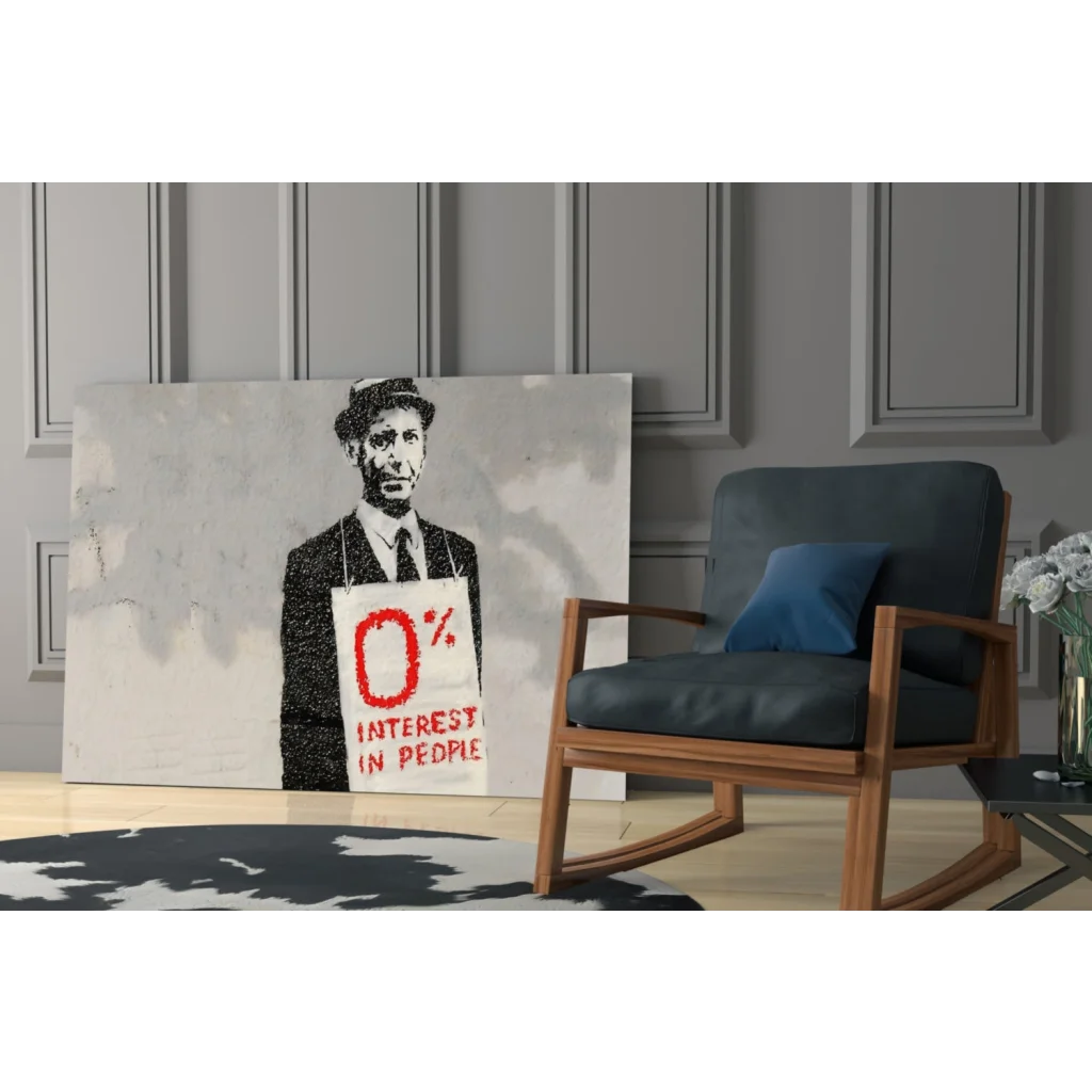 Banksy 0% interest in people glass wall art print