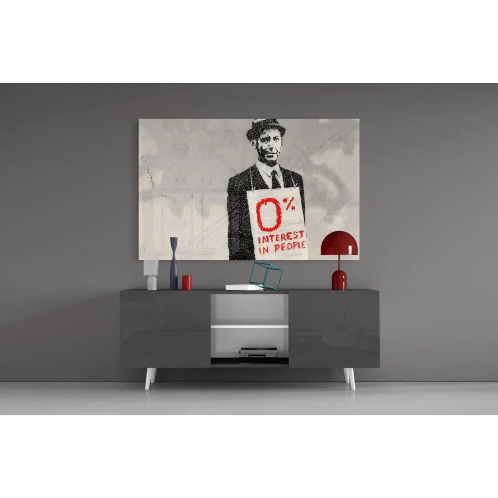 Black-and-white glass wall art print of man holding 0% interest sign in red