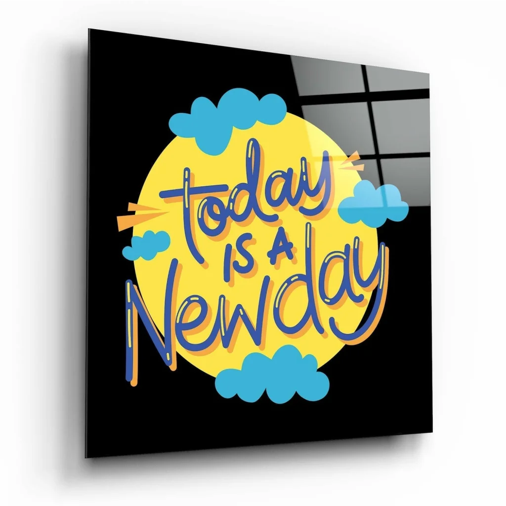 Uplifting yellow circular glass wall art with new day message