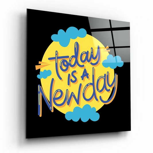 Uplifting yellow circular glass wall art with new day message