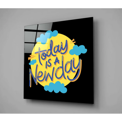 Uplifting yellow circular glass wall art with new day message