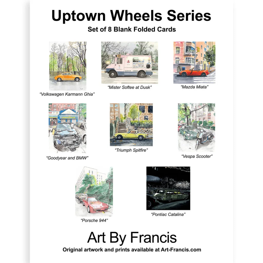 8 blank Uptown Wheels vintage car cards with watercolor Karmann Ghia