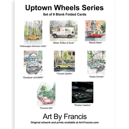 8 blank Uptown Wheels vintage car cards with watercolor Karmann Ghia