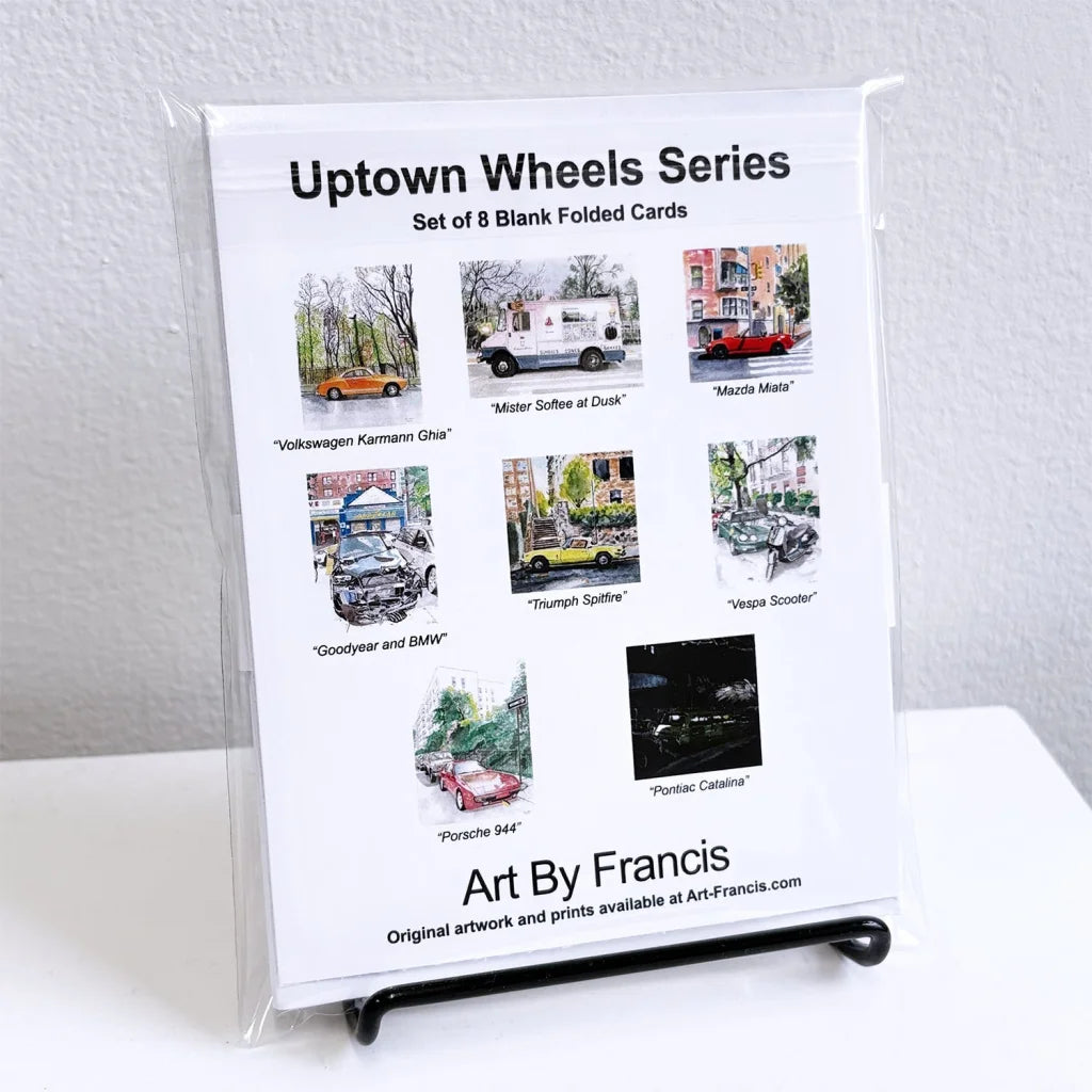 8-card Uptown Wheels set of blank folded cards with vintage car designs