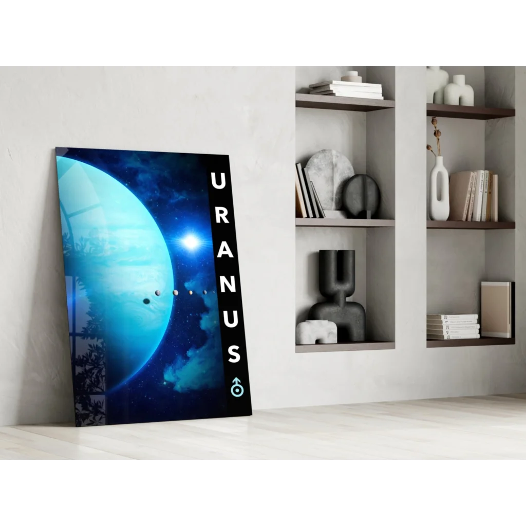 Vibrant Uranus glass wall art canvas print with blue planet and symbol