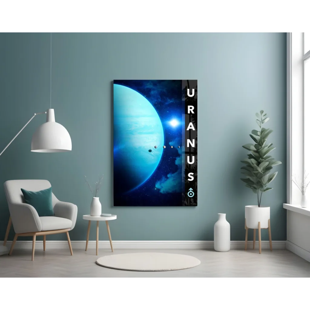 Uranus glass wall art canvas print on deep blue cosmic background