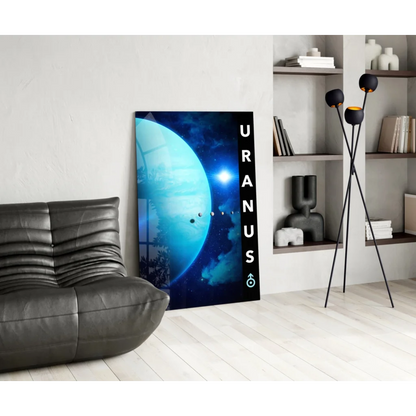 Vibrant Uranus glass wall art canvas print with blue planet and symbol
