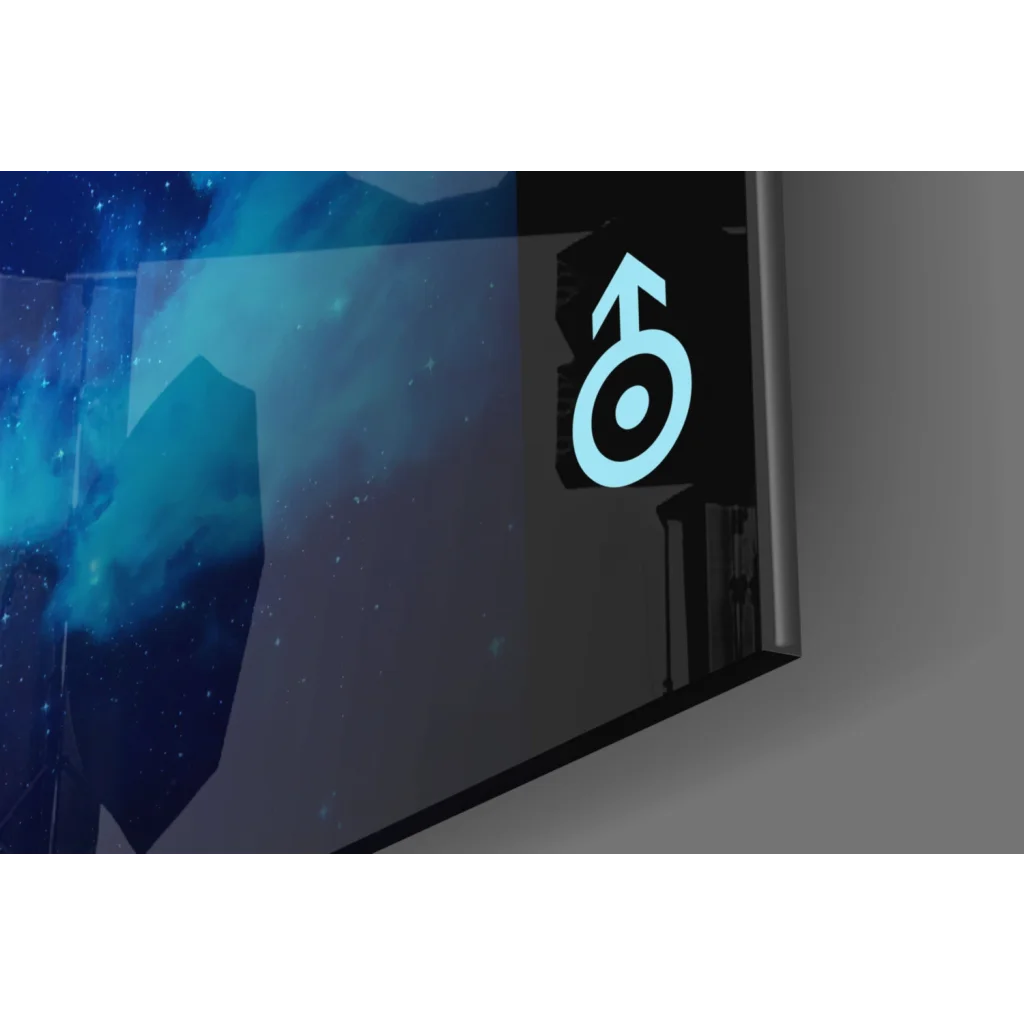 Glowing blue male symbol on black speaker glass wall art