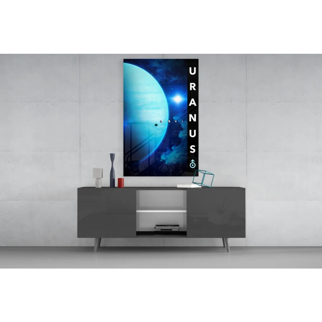 Vibrant Uranus glass wall art canvas print with blue planet and symbol