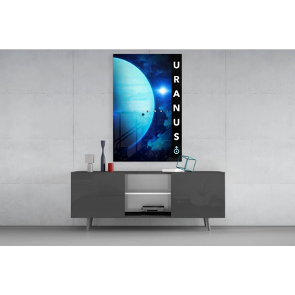 Vibrant Uranus glass wall art canvas print with blue planet and symbol